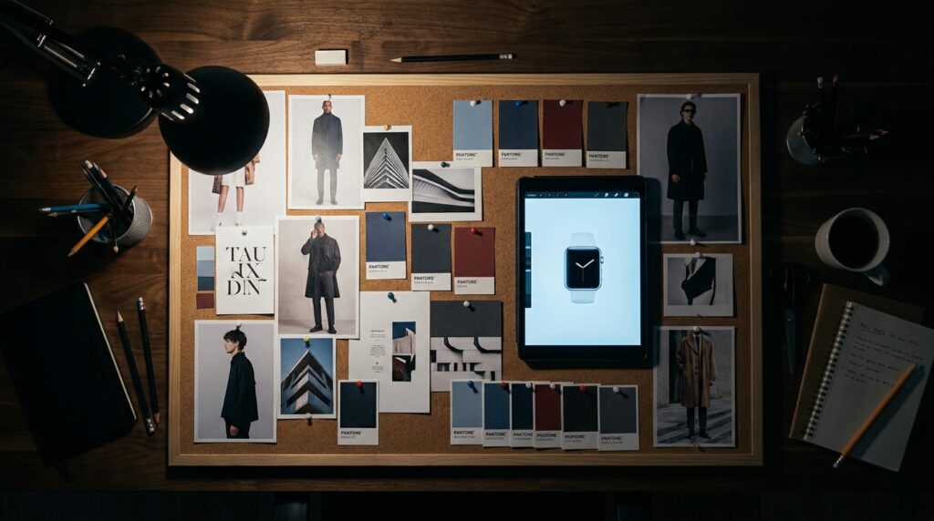 Creative campaign mood board with reference photos and color swatches