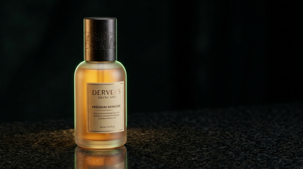 AI-generated premium skincare bottle product photography with dramatic lighting
