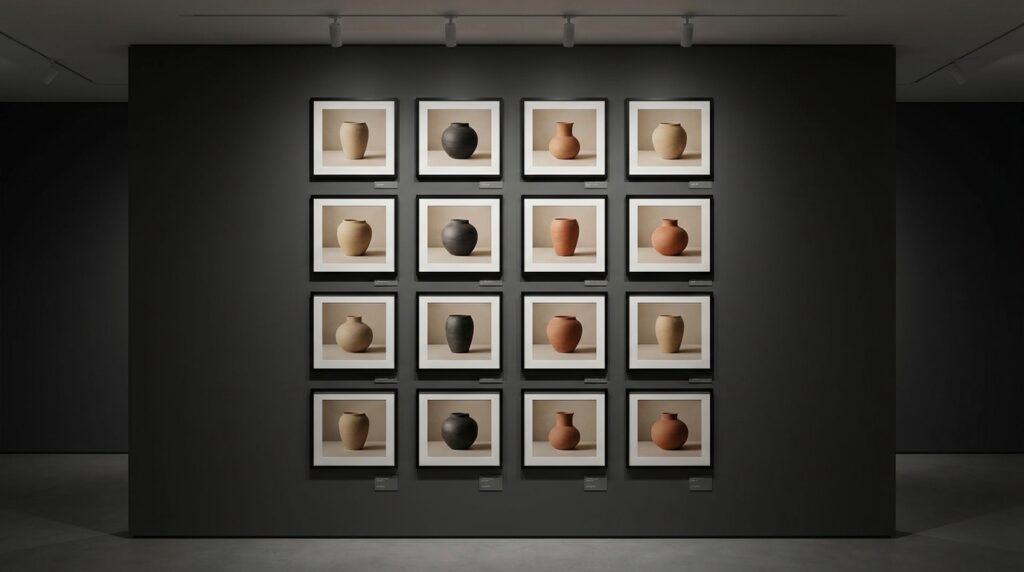 Grid of consistent product photography with uniform lighting and color grade