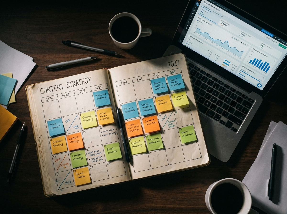 Content strategy planning desk with calendar and analytics dashboard